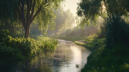 Obraz premium Serene Morning by the Gentle Stream