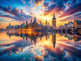 Obraz premium Floating City with Historical Elements in a Serene Water Landscape - Double Exposure Photography