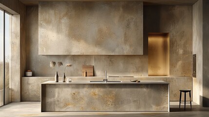 A modern minimalist kitchen design featuring a central island and contemporary countertops in an open-plan setting, emphasizing sleek and elegant architecture