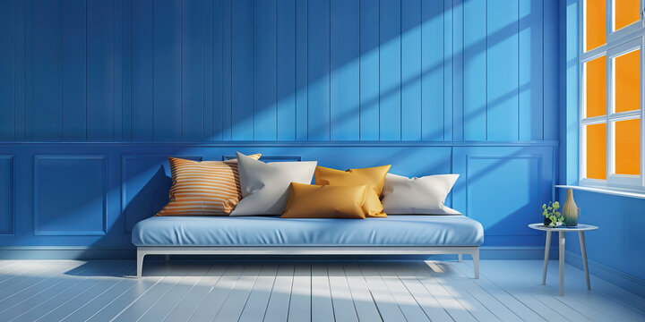Therapist's office, painted a warm, calming blue, with a comfortable couch and pillows inviting patients to share their innermost thoughts.