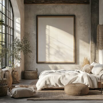 cottagecore room with handmaids tale feel with large empty photo frame on the wall