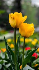 Obraz premium Two vibrant yellow tulips standing tall among a colorful garden
