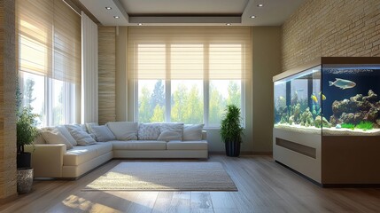 Beautifully arranged living room with a prominent interior aquarium tank, highlighting exotic fish, with ample copy space for marketing materials.