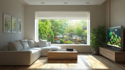 Beautifully arranged living room with a prominent interior aquarium tank, highlighting exotic fish, with ample copy space for marketing materials.