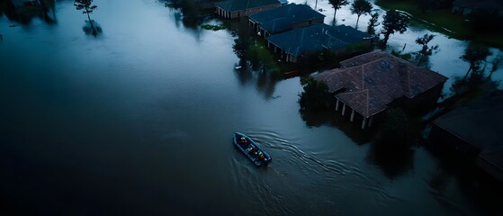 A rescue boat navigates through flooded streets.