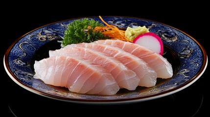 Beautifully arranged sashimi-grade fish on a traditional plate, garnished with wasabi and colorful radish, perfect for a food promotional banner