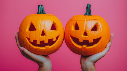 Two pumpkins with smiling faces are being held by a person. Scene is cheerful and festive, as the pumpkins are associated with Halloween and the smiling faces suggest a happy and playful atmosphere