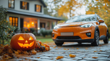 A pumpkin with a smiley face on it is sitting on the ground next to a car. The scene is set in a driveway, with the house in the background. Scene is festive and playful
