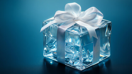 Crystal-clear gift box tied with a satin ribbon, shining under soft light, floating in a sophisticated blue space - luxurious festive vibe.