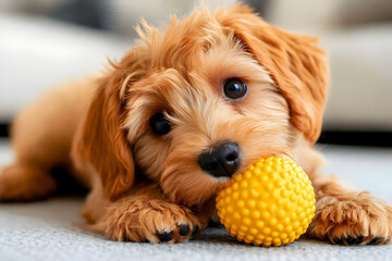 A Maltipoo dog enthusiastically plays with a small yellow ball on the floor at home, showcasing its lively spirit.