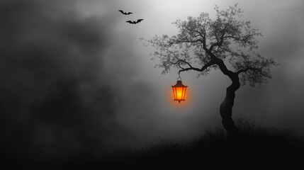 A tree with a lantern hanging from it in the dark. The lantern is lit up and the tree is silhouetted against the dark sky