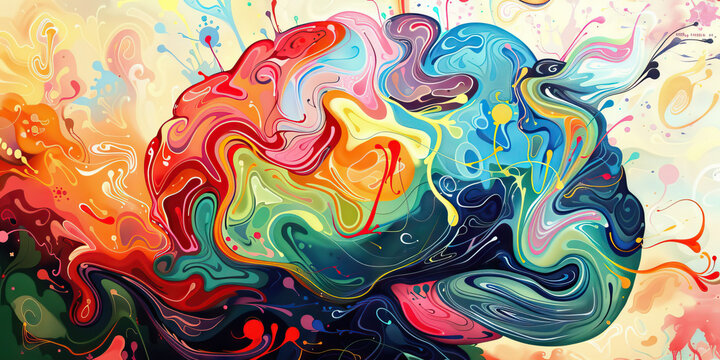 An abstract painting of a brain, its intricate networks of colorful shapes and patterns representing the complexities of the human mind and the challenges of mental health care.