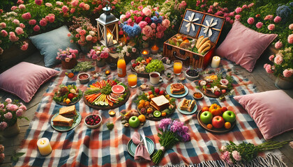 Delightful Picnic Setup Surrounded by Flowers
