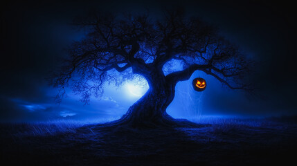 A tree with a pumpkin hanging from it. The pumpkin has a smiley face on it. The scene is set in a dark, moonlit field