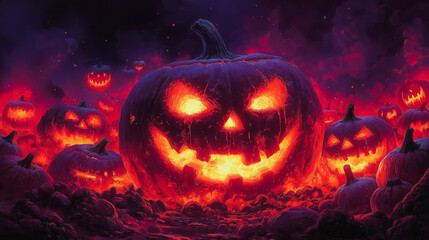 Fototapeta premium A Halloween scene with a large pumpkin with a scary face and several other pumpkins surrounding it. Scene is spooky and eerie