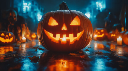 Obraz premium A pumpkin with a smiley face on it is surrounded by other pumpkins. The scene is set in a dark room with candles and a blue background