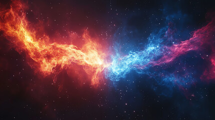 Fototapeta premium Fiery blue and red nebulae colliding in space, creating cosmic energy waves, vibrant colors, and deep starry background, abstract cosmos, cosmic collision.