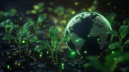 Sprouts break through the surface of the digital Earth, epitomizing the harmony of nature and technology