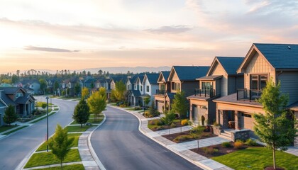 A quiet suburban street lined with houses at sunrise.