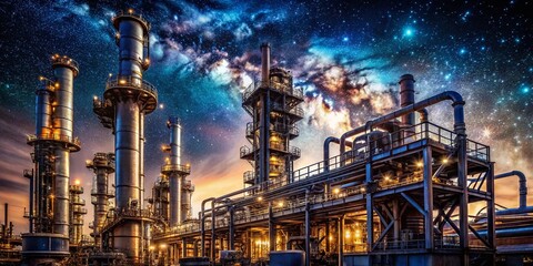 Fototapeta premium Futuristic Oil and Gas Refinery at Night: A Macro Photography Perspective