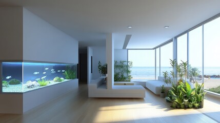 Obraz premium Minimalist room with a floating aquarium showcasing luminous bioluminescent fish and imaginative aquatic plants, transforming the space into living art.