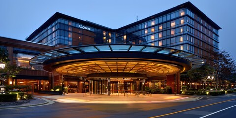 Stunning modern architectural design illuminated at dusk showcases a sophisticated urban hotel entrance with sleek glass and vibrant lighting