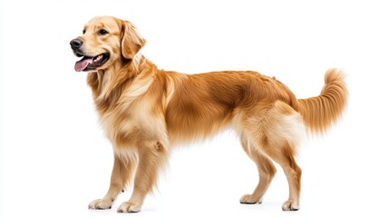 A golden retriever dog standing on a white background, looking to the side with its tongue sticking out.