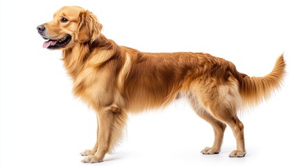 A golden retriever dog standing on a white background, looking to the right, with its tongue sticking out.