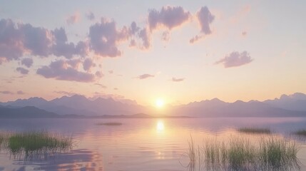 Fototapeta premium A peaceful sunrise over a still lake with mountains in the distance, creating a soft, dreamy atmosphere.