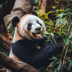 Fototapeta premium Panda Bear Munching Bamboo with a Joyful Expression