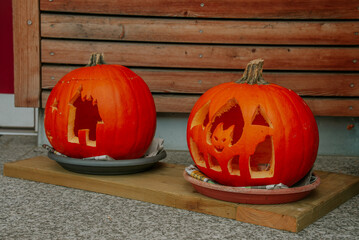 Carved pumpkins for Halloween decorate the house in Germany