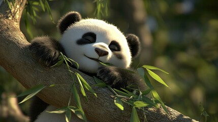 Obraz premium A 3D animated cartoon of a sleepy panda lounging on a bamboo tree, lazily munching on bamboo leaves.