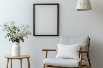 A serene, minimalist living space featuring a mid-grey armchair with a matching cushion, placed against a crisp white wall.