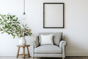 A serene, minimalist living space featuring a mid-grey armchair with a matching cushion, placed against a crisp white wall.