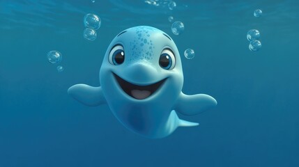 A friendly 3D animated cartoon whale swimming through the ocean, with playful bubbles surrounding its huge, smiling face.