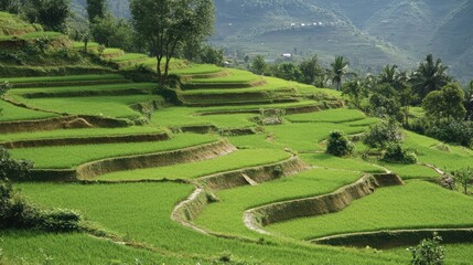 Lush Green Terrace Rice Fields in Mountain Region