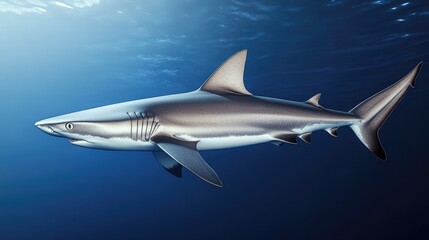 A high-quality 3D image of a shark swimming in the deep ocean, with sharp detail on its body and surrounding water.