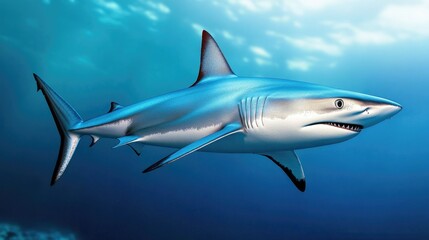 Obraz premium A high-quality 3D image of a shark swimming in the deep ocean, with sharp detail on its body and surrounding water.