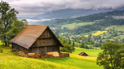 Fototapeta premium Scenic Mountain View with Rustic Wooden Barn
