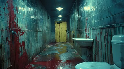 Dimly lit corridor with vivid red stains, featuring a single sink and a closed yellow door, creates a mysterious and unsettling atmosphere