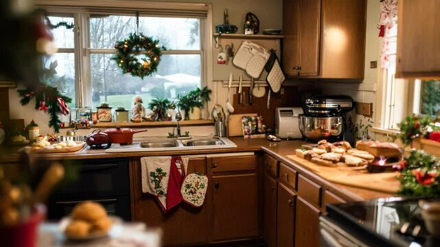 Family holiday baking in well-worn kitchen, natural light, candid joy, authentic atmosphere