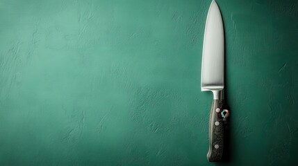 A sleek chef's knife with a textured handle sits on a subtly textured green background, showcasing modern design and functionality in culinary tools.