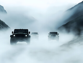 A convoy of military vehicles moving through a fog-covered valley, with soldiers on high alert for ambushes.


