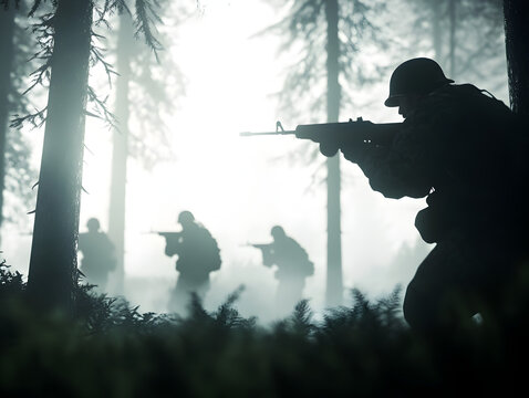A squad of soldiers advancing through a misty forest, rifles raised, as they approach an enemy camp.


