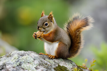 Obraz premium Squirrel Eating a Nut: A close-up of a squirrel sitting on a tree branch or rock, nibbling on a nut, Nature wildlife animal photography