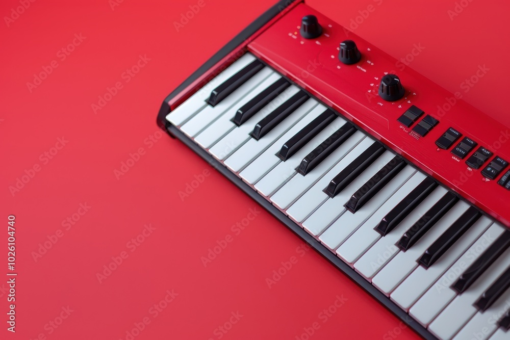 Wall mural red keyboard with black keys on a vibrant background