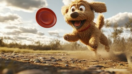 A 3D animated cartoon dog jumping in the air to catch a frisbee, with dynamic motion and excitement in its playful movements.