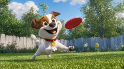 A 3D animated cartoon dog jumping in the air to catch a frisbee, with dynamic motion and excitement in its playful movements.