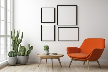 A wall with four blank picture frames, a living room interior design that is modern and clean. On the right side of the wall, there is an orange armchair.