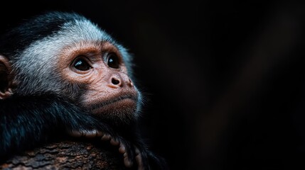 A captivating portrait of a thoughtful-looking monkey gazing intently, conveying emotions of contemplation and curiosity against a blurred natural background.